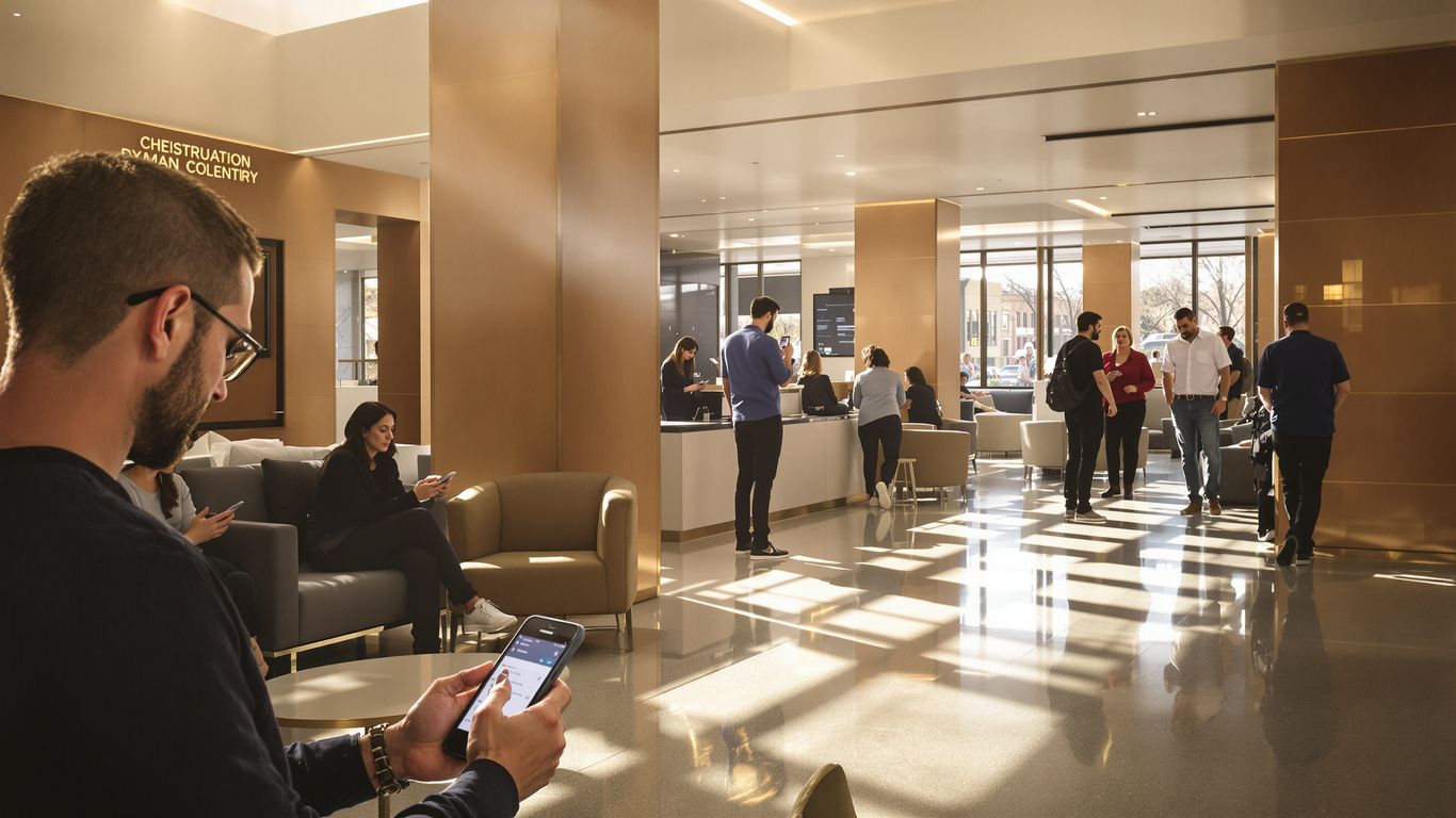 thumbnail-1 Gostje uporabljajo digitalne naprave v hotelski avli.