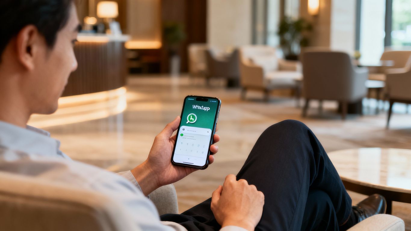 Gost uporablja WhatsApp v hotelskem lobiju.