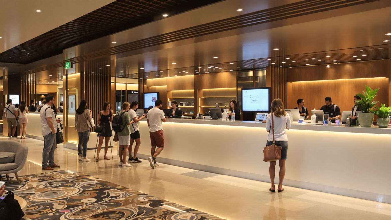 thumbnail-4 Sodobna hotelska avla z gostom, ki uporablja tehnologijo.