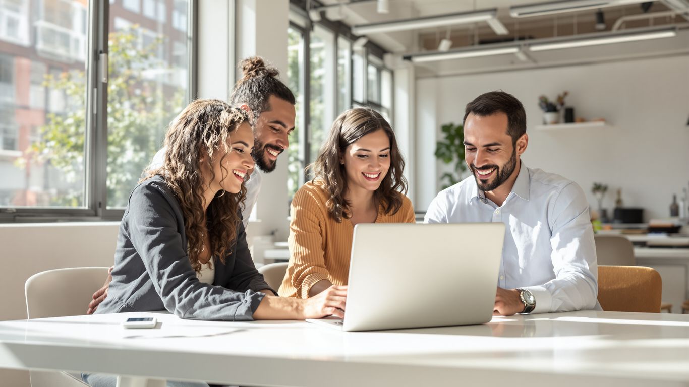 thumbnail-8 Ekipa sodeluje okoli sodobnega prenosnika v pisarni.