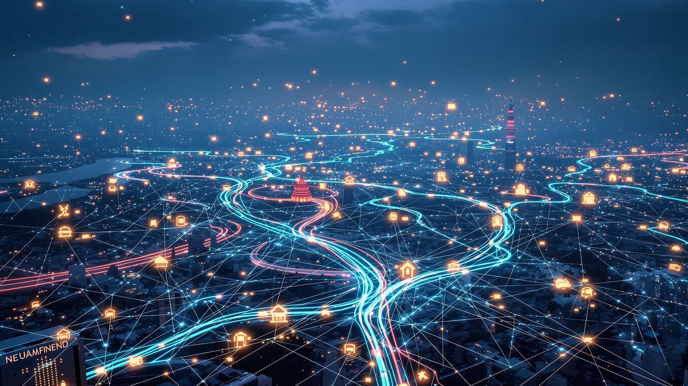 thumbnail-9 Digitalna pokrajina s povezavami potovanj in AI vzorci.