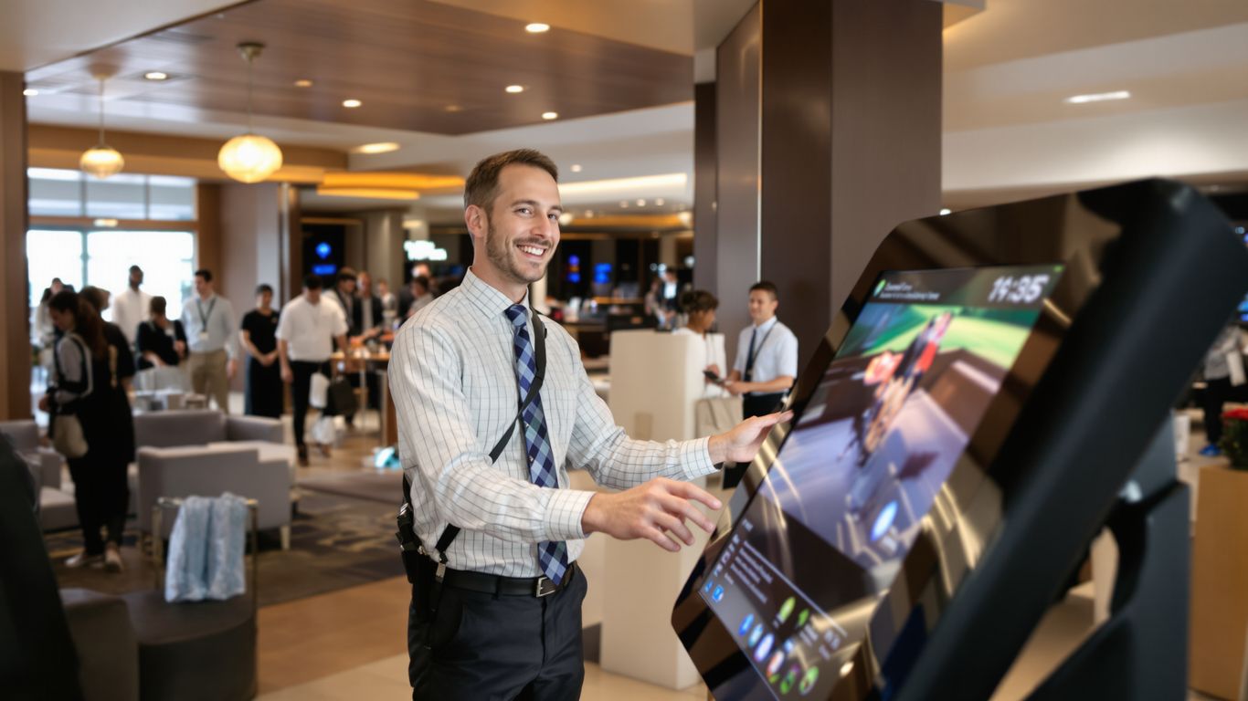 thumbnail Gost uporablja hotelski digitalni kiosk za prijavo.