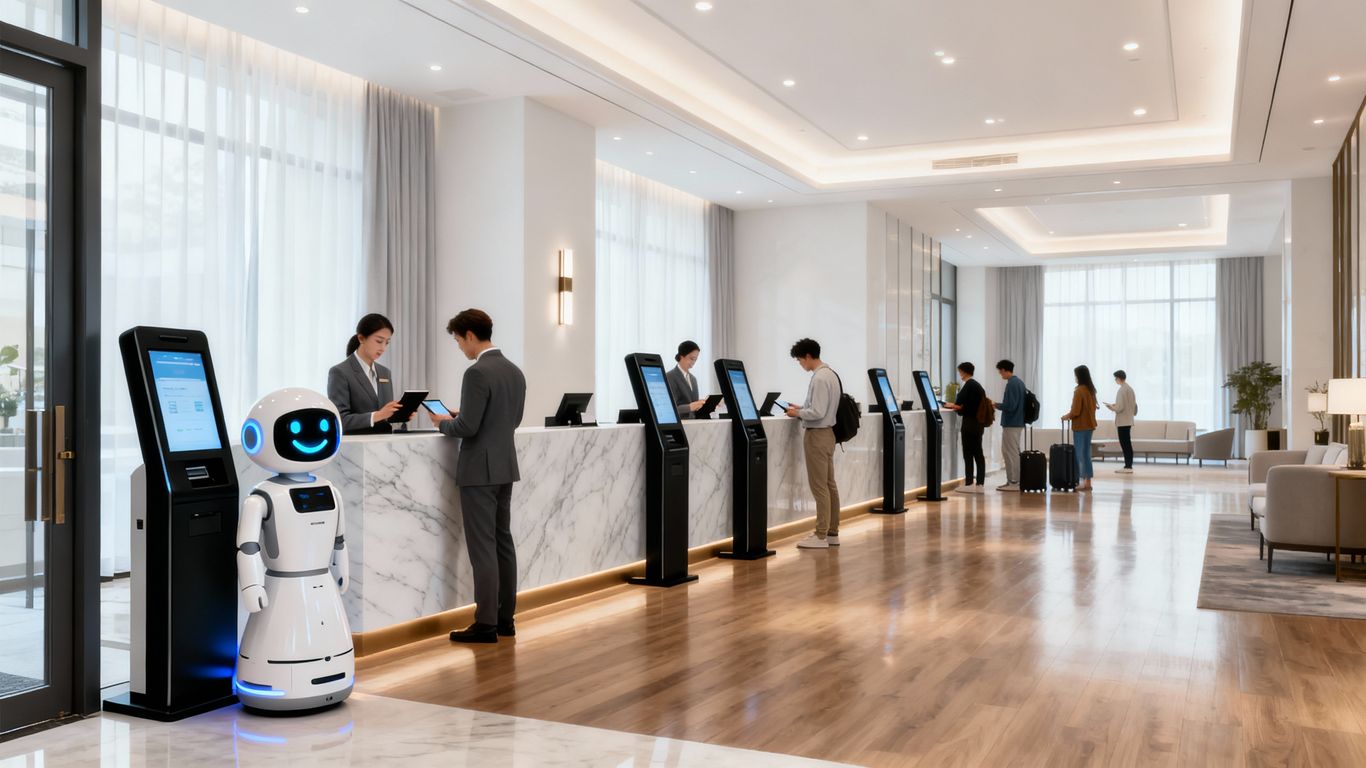 thumbnail-1 Recepcija hotela z roboti in zaposlenimi s tablicami.
