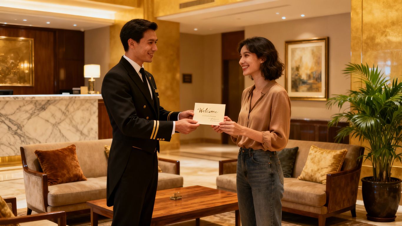 thumbnail-5 Gost prejemajoč personalizirano dobrodošlico v hotelu.